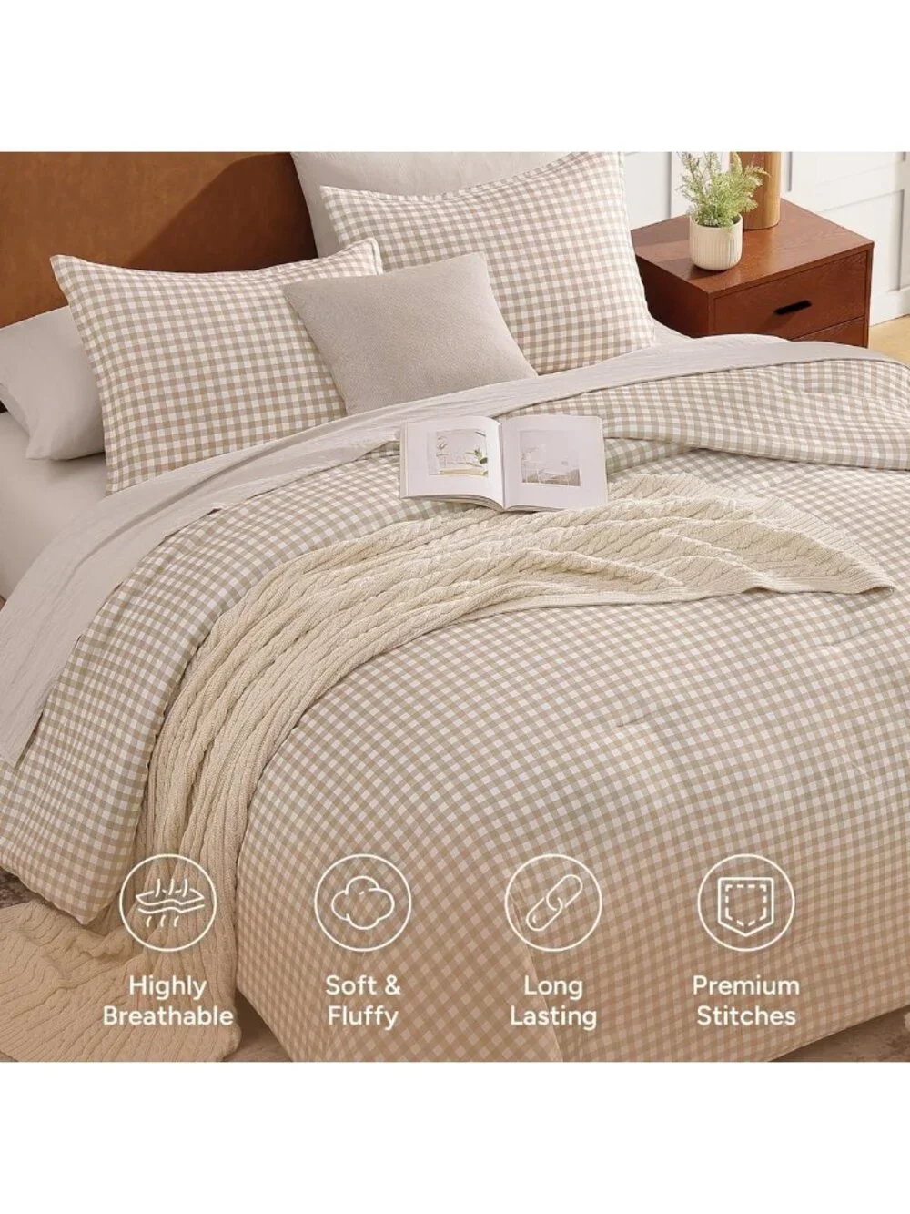 Cozy Tan Gingham Queen Comforter Set | Brown Checkered Plaid Bedding Essentials